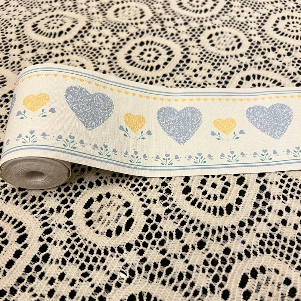 Vintage Wallpaper Border Hearts Blue Yellow | 1 Full Roll | Cottage